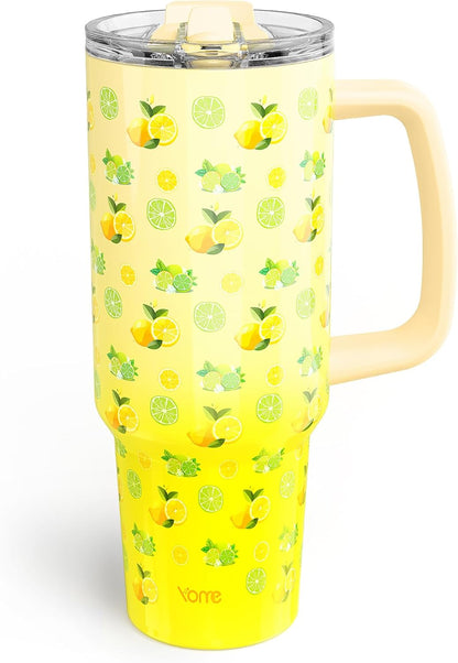 YOME 40 oz Lemon Yellow Tumbler - Insulated Stainless Steel Water Bottle with Handle & Flip Straw | Dishwasher Safe, Cupholder Friendly