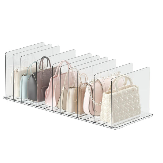 OKBHTS Purse Organizer for Closet with 10 Dividers, Adjustable Acrylic Clear Shelf Dividers for Purse, Pocketbook, Wallet, Handbags, Books (2 Base Boards + 10 Shelf Dividers)