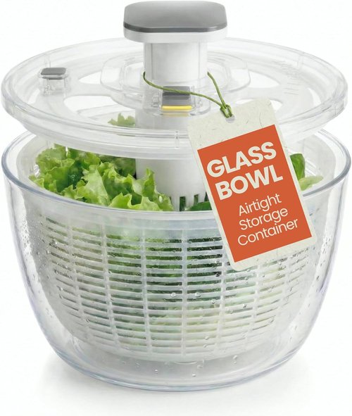 Glass Salad Spinner by [Brand Name] - Large 6.3QT Capacity with BPA-Free Colander & Storage Lid