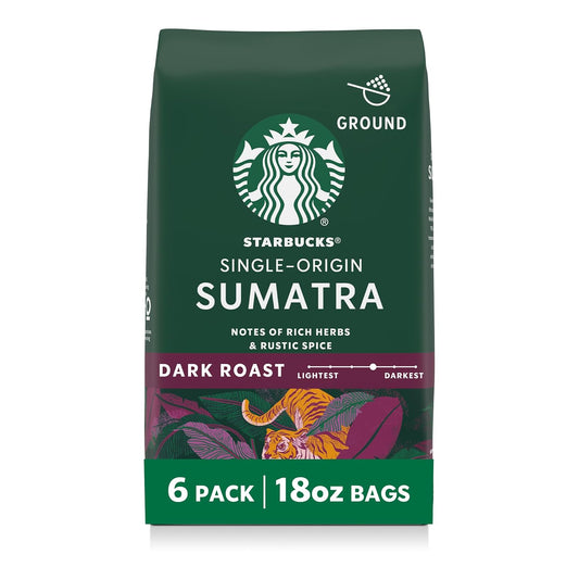 Starbucks Ground Coffee - Dark Roast Single-Origin Sumatra | Six 18 oz Bags for Hot or Iced Brew