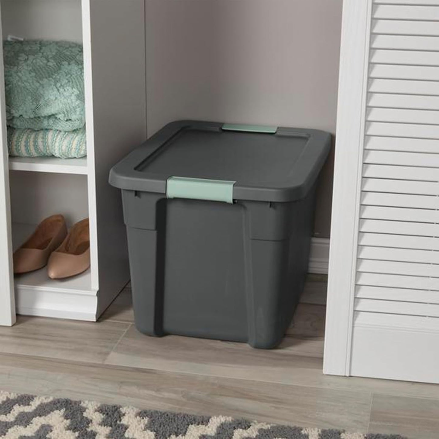 Sterilite 6-Pack Latch Tote | Stackable 12 Gallon Plastic Storage Bins with Lids - Gray/Green Organization Solution