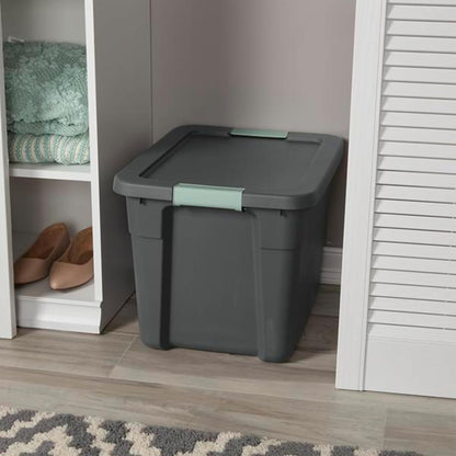 Sterilite 6-Pack Latch Tote | Stackable 12 Gallon Plastic Storage Bins with Lids - Gray/Green Organization Solution