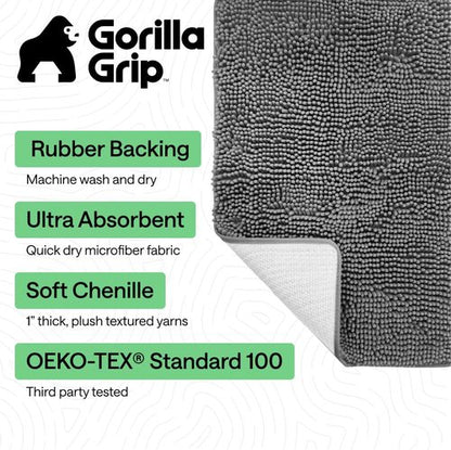 GORILLA GRIP Bath Rug Mat - Soft, Absorbent Chenille | Quick-Dry Microfiber, 30x20 Inches, Grey