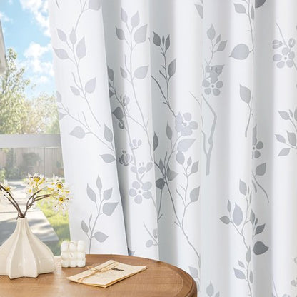 Beauoop Floral 100% Blackout Curtains 63 Inch Length 2 Panels for Bedroom Living Room Grey White Flower Patterned Room Darkening Thermal Insulated Soundproof Grommet Window Treatments Drapes, 52X63