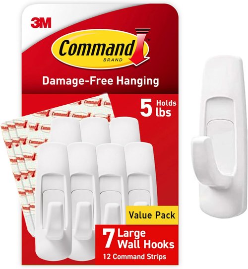 Command 5 lb Large Utility Hooks - Damage-Free Wall Hooks with Adhesive Strips | 12 Strips for Easy Organization