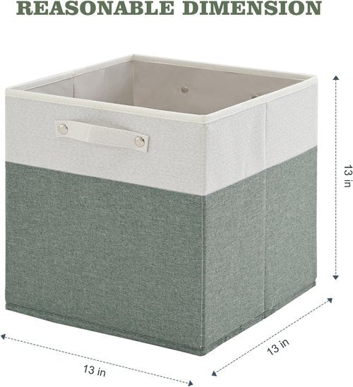 FinishingBo Storage Bins - 13x13 Inch Fine Linen Fabric Cube Organizers with Handles | White/Green - 4 Pack
