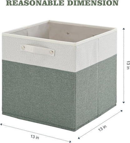 FinishingBo Storage Bins - 13x13 Inch Fine Linen Fabric Cube Organizers with Handles | White/Green - 4 Pack