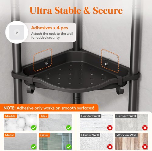 Lifewit Shower Caddy - 4-Tier Rustproof Bathroom Organizer with Adjustable Feet & Hooks | Black, 34 x 24 x 107 cm