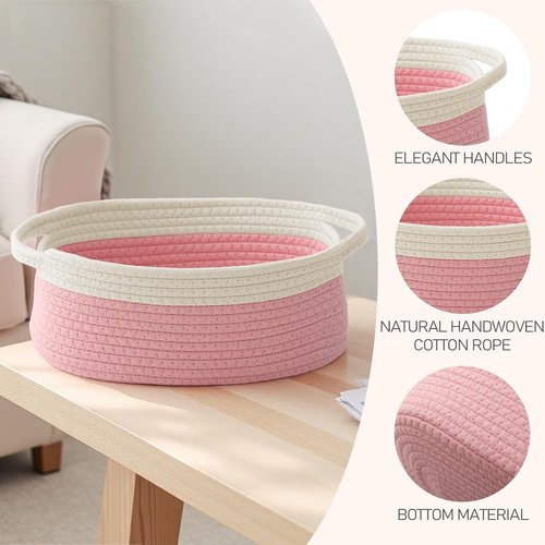 JMvicyroam Woven Basket - Small Rope Storage Bin with Handles | Stylish Organizer for Shelves & Closets - White & Pink (2 Pack)