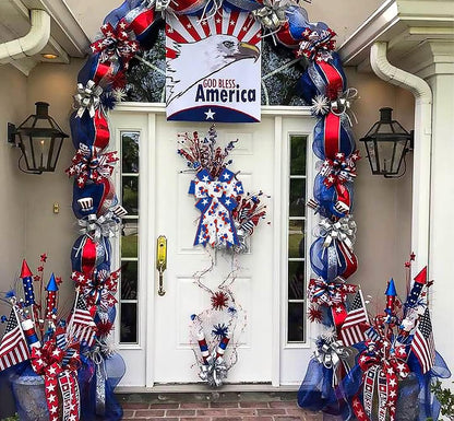 Skiennix Patriotic Wreath Bows - Red, White & Blue Burlap Flowers | 2PCS for 4th of July Decor