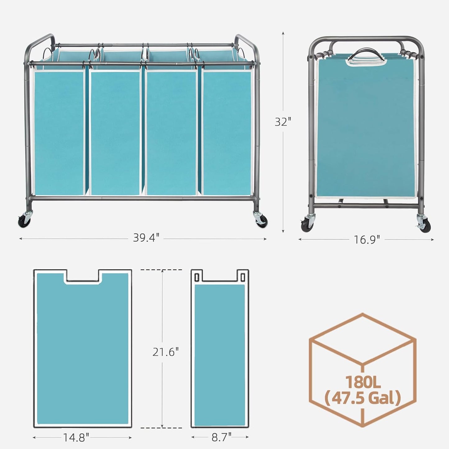 Storage Maniac Laundry Sorter - 4-Section 47.8 Gal Hamper with Wheels & Removable Bags - Blue