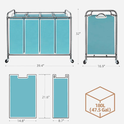 Storage Maniac Laundry Sorter - 4-Section 47.8 Gal Hamper with Wheels & Removable Bags - Blue
