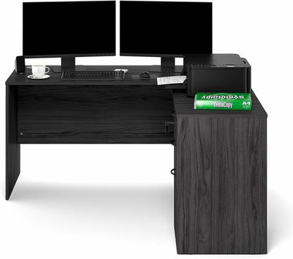 Furinno Roger 60-Inch L-Shaped Executive Desk - Stylish Home Office Desk with File Cabinet in Coastal Grey
