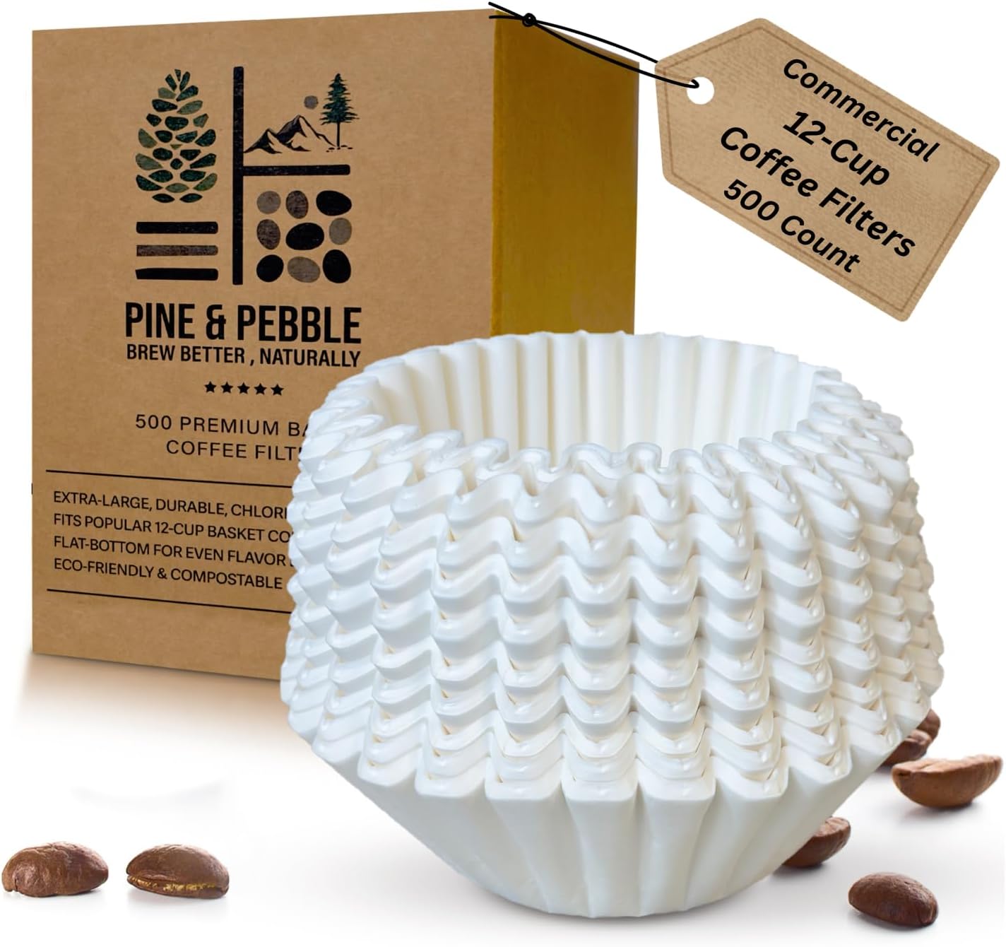 Pine & Pebble® 12-Cup Coffee Filters - 500 Count | Tall-Walled Basket Style (9.84" x 4.33") | No Grounds, No Mess | Perfect for BUNN & Standard Coffee Makers