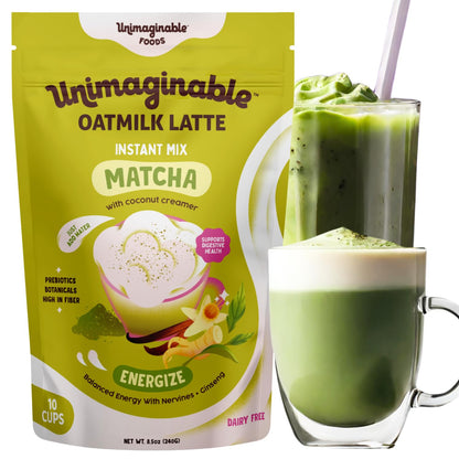 Unimaginable Matcha Latte Powder, Gut-Brain Wellness Matcha Latte Mix, Energy and Focus Boost without Jitters, Ceremonial Matcha powder mix, Oat Milk Creamer, High Fiber, Low Sugar, Nervines for Calm, Adaptogens, 10 servings