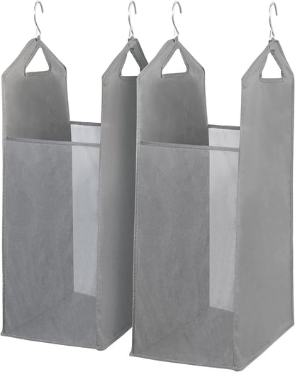 Storage Maniac 2-Pack Hanging Laundry Hamper - Slim Double Organizer with See-Through Mesh Bag | Grey