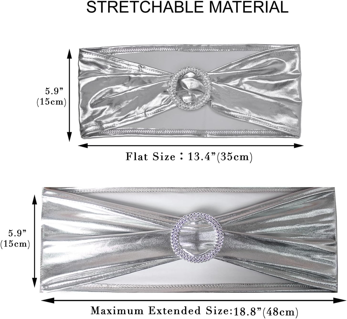 Skiennix Metallic Silver Stretch Chair Sashes - Durable Spandex Fitted Bows for Weddings & Events | 10-Pack