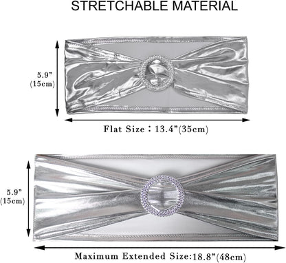 Skiennix Metallic Silver Stretch Chair Sashes - Durable Spandex Fitted Bows for Weddings & Events | 10-Pack