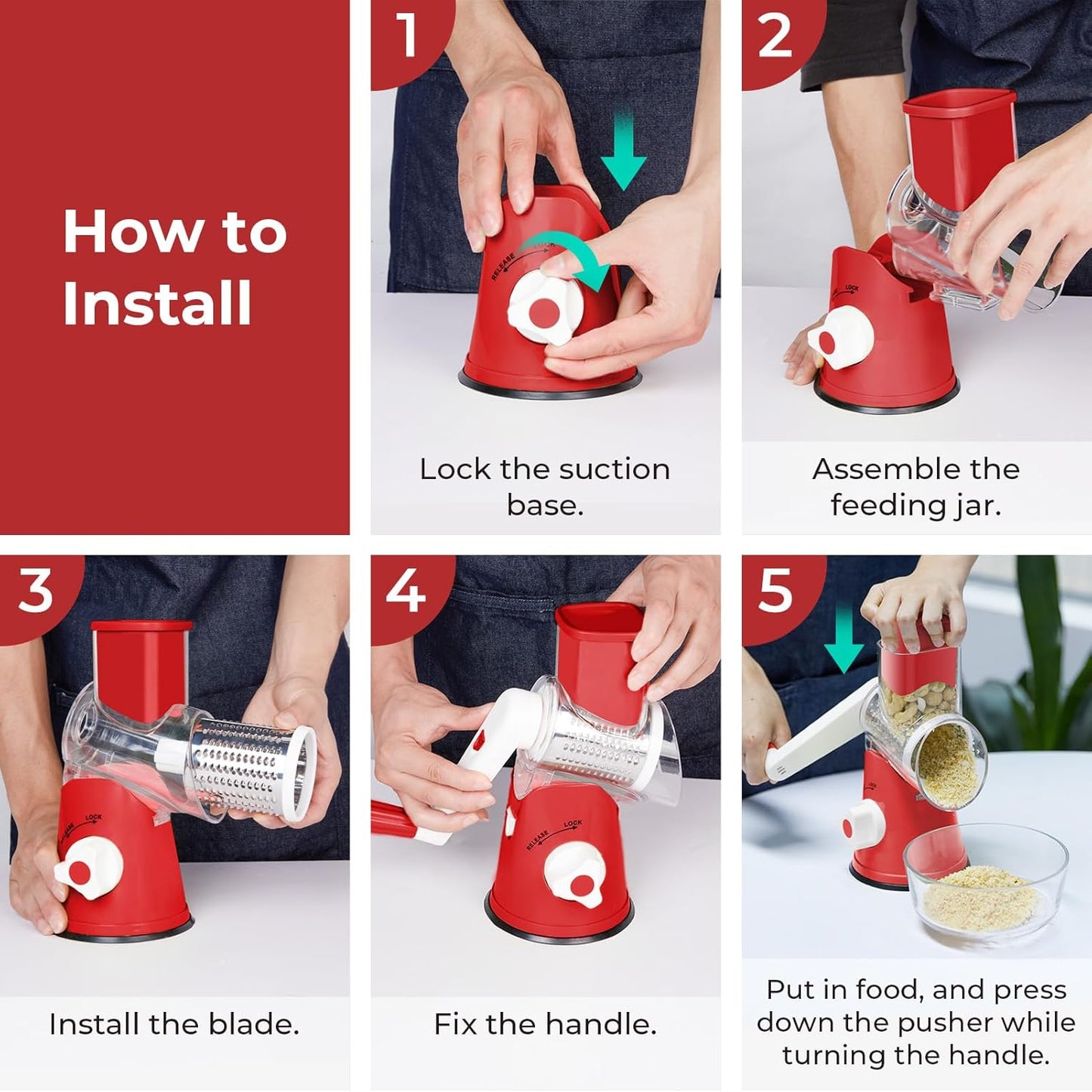 X Home Rotary Cheese Grater - Versatile Kitchen Shredder with 3 Blades & Suction Base | Easy to Clean, Red
