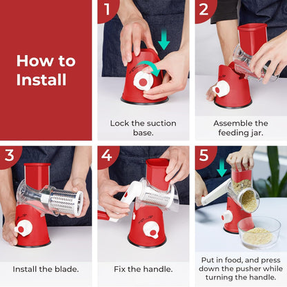 X Home Rotary Cheese Grater - Versatile Kitchen Shredder with 3 Blades & Suction Base | Easy to Clean, Red