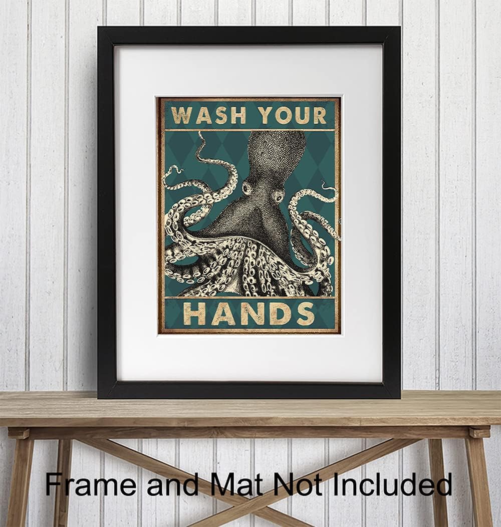 Octopus Nautical Bathroom Wall Art - Funny Beach Decor | Unique Wash Your Hands Sign for Guest Bath