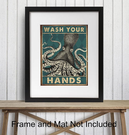 Octopus Nautical Bathroom Wall Art - Funny Beach Decor | Unique Wash Your Hands Sign for Guest Bath