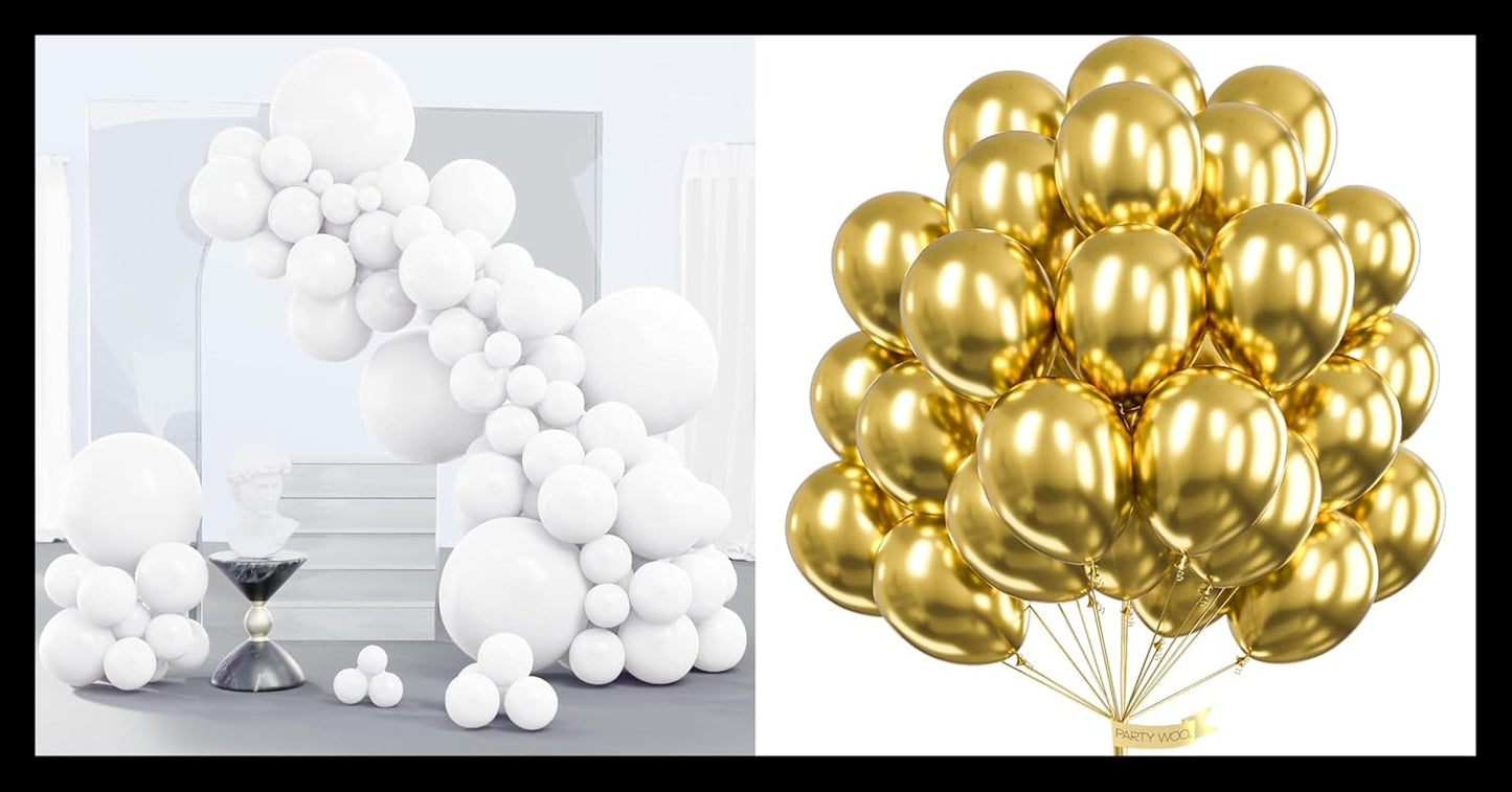 PartyWoo White and Gold Balloons - 140 Pcs in Various Sizes for Weddings, Showers, and Celebrations
