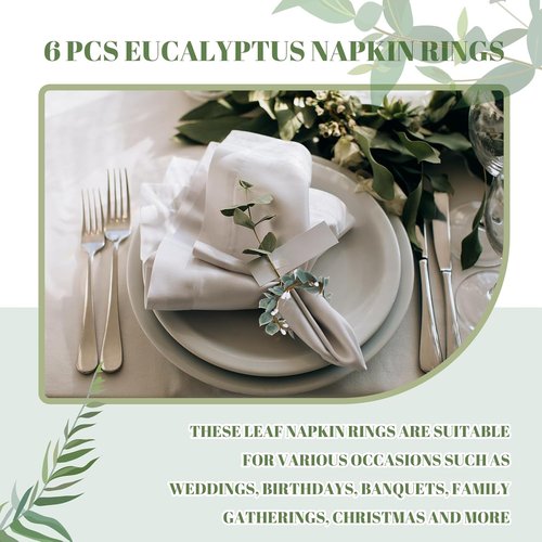 Domensi Eucalyptus Leaf Napkin Rings - Set of 6 Rustic Farmhouse Holders for Weddings & Dining Decor