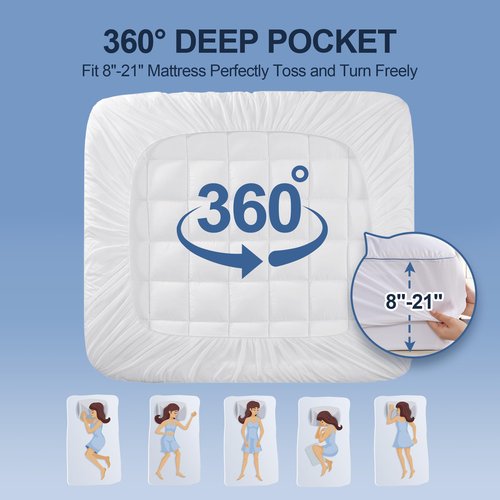 Eiayeebil Queen Size Mattress Pad, Soft Pillow Top Mattress Topper Queen with 8-21" Deep Pocket, Quilted Fitted Mattress Pad for Back Pain Relief, Down Alternative Filling, White