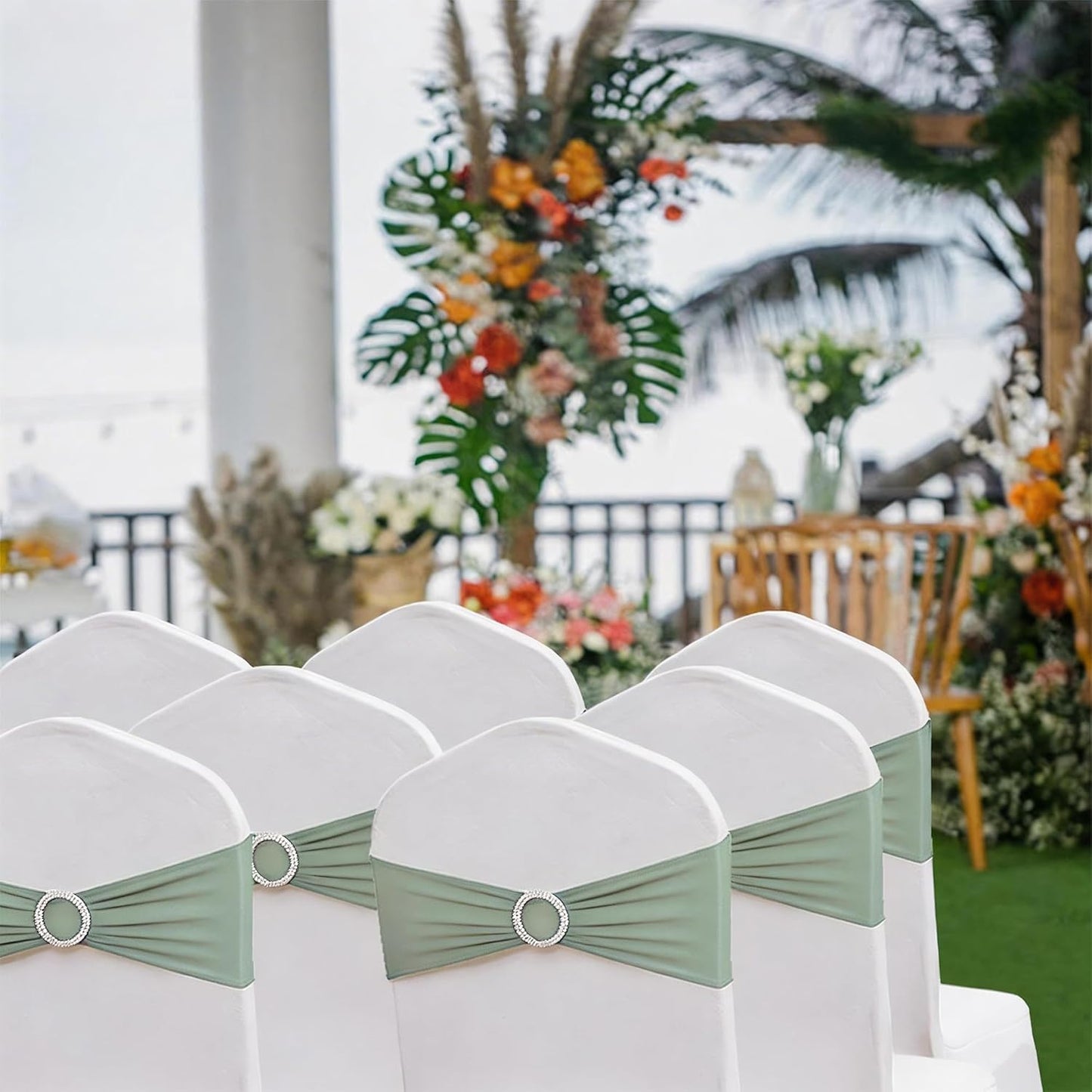 Skiennix Spandex Chair Sashes - 50 Pack Sage Green Elastic Covers for Wedding & Banquet Decor