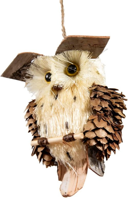 Cartanfill Woodland Animal Owl Ornaments - Set of 6 Assorted Wood & Sisal for Christmas & Thanksgiving