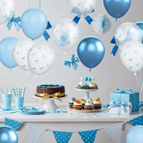 Blue Bow Balloons - 30 Pcs 12-Inch Blue & White Printed Balloons for Bachelorette Party Decor