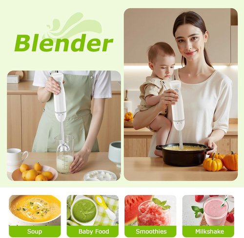 Bonsenkitchen Immersion Blender - 4-In-1 Handheld Stick Mixer with Whisk & Chopper Bowl - White