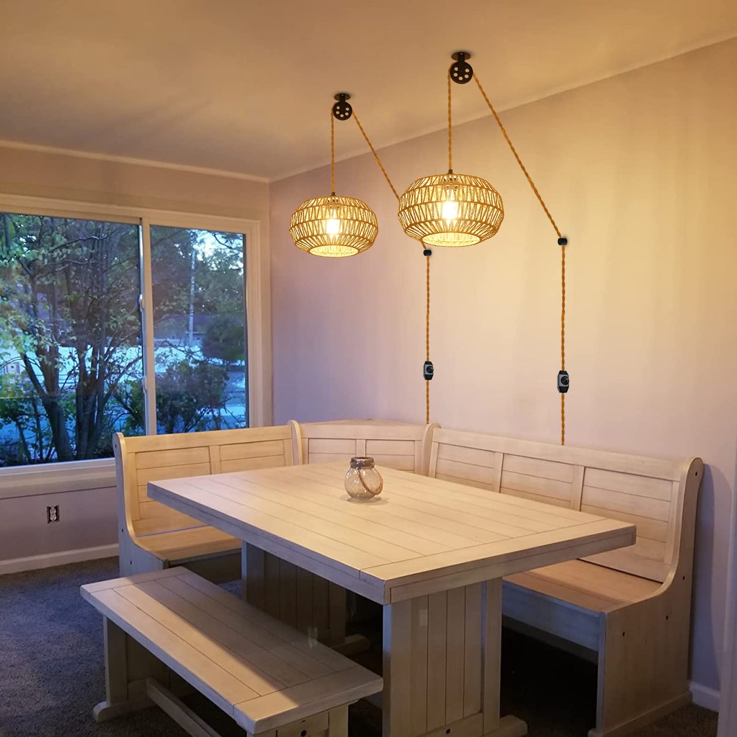 Rattan Plug in Pendant Light with LED Bulb&Pulley, Boho Hanging Lights with Plug in Cord 15ft, Wicker Woven Chandelier Light Fixtures with Dimmer Switch for Bedroom Living Dinning Room Kitchen