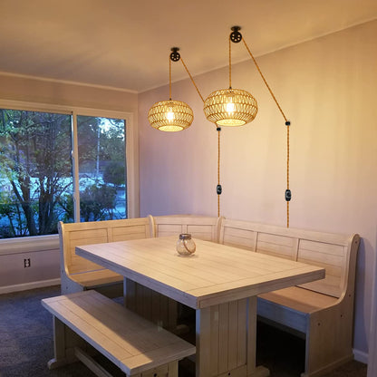 Rattan Plug in Pendant Light with LED Bulb&Pulley, Boho Hanging Lights with Plug in Cord 15ft, Wicker Woven Chandelier Light Fixtures with Dimmer Switch for Bedroom Living Dinning Room Kitchen