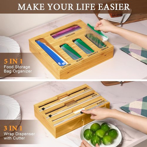 Bamboo 9-in-1 Foil & Plastic Wrap Organizer - Kitchen Drawer Storage with Labels for Bags