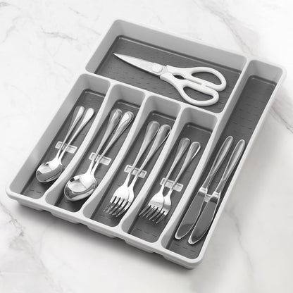 CherHome Silverware Organizer with Cutlery Icons，Silverware Tray for Kitchen Drawer，Plastic Flatware Tableware Silverware Drawer Organizer Utensil Organizer with Non-slip TPR Linings，6-Compartment