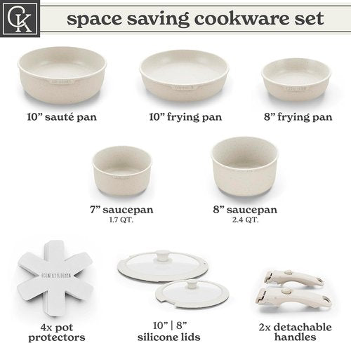 Country Kitchen Cookware Set - Removable Handle, Oven & RV Safe Pots and Pans, Cream Finish