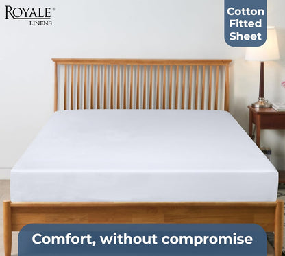 Royale Linens Organic Cotton Fitted Sheet - Super Soft Percale Weave - Queen Size (60"x80"+15") - White
