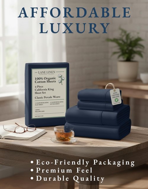 LANE LINEN 100% Organic Cotton California King Bed Sheets, 4-Piece Pure Percale Sheets Soft Breathable Cotton Bed Sheets, Deep Cal King Sheets for Thick Mattress - Navy