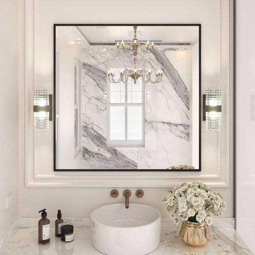 LOAAO Black Rectangle Bathroom Mirror - 36" x 36" Matte Black Aluminum Frame, Tempered Glass, Versatile Hanging Options