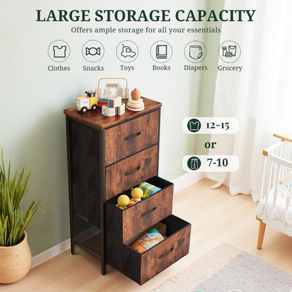 Nightstand, 4 Drawer Dresser End Table Bedside Furniture with Wooden Top Steel Frame Fabric Bins for Bedroom, Closet, Entryway, Dorm, Living Room, Brown