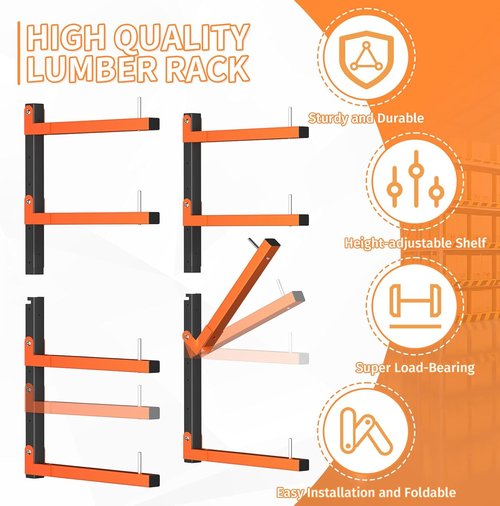 Lumber Storage Rack - 4 Pack Adjustable Wall Mount | Heavy Duty Metal Holds Up to 1040 Lbs