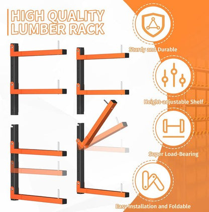 Lumber Storage Rack - 4 Pack Adjustable Wall Mount | Heavy Duty Metal Holds Up to 1040 Lbs