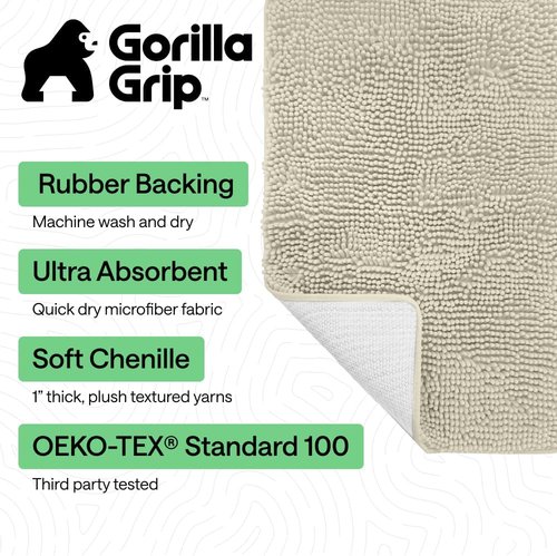 GORILLA GRIP Bath Rug Mat - Thick Absorbent Chenille | Quick-Dry Microfiber, 44x26, Dusty Cloud