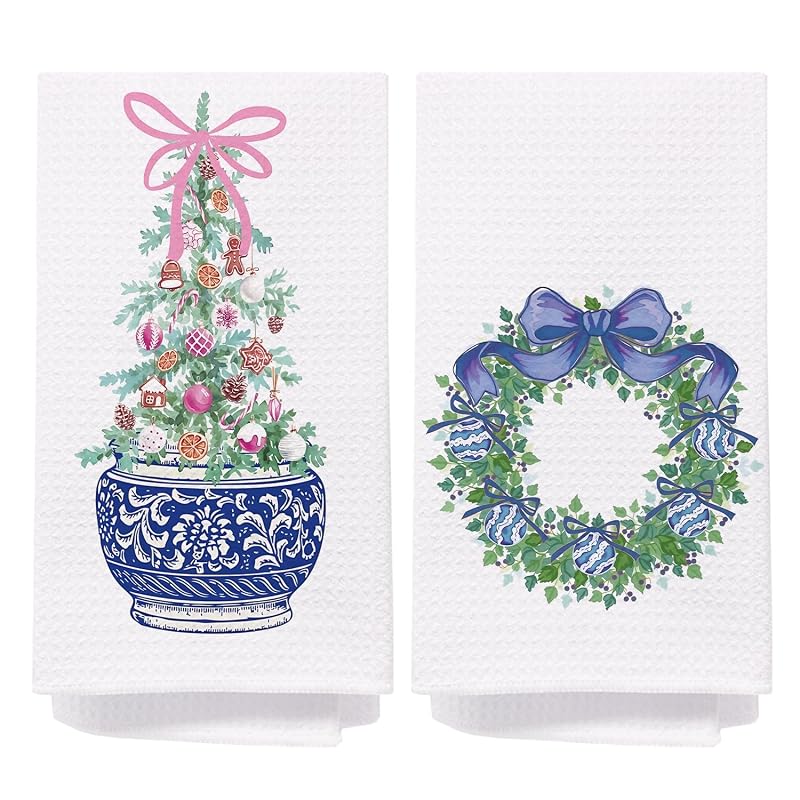 Chinoiserie Christmas Kitchen Towels, 16x24 in, Set of 2 with Blue Bow – Holiday Hand Towels
