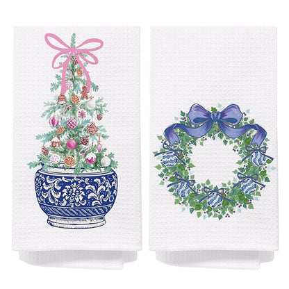 Chinoiserie Christmas Kitchen Towels, 16x24 in, Set of 2 with Blue Bow – Holiday Hand Towels