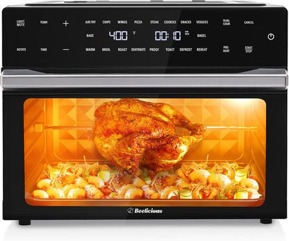 Beelicious 32QT Extra Large Air Fryer - 19-in-1 Toaster Oven Combo with Rotisserie & Dehydrator, Black