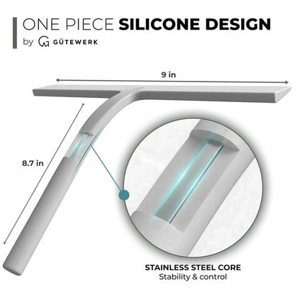 GÜTEWERK Silicone Shower Squeegee for Glass Doors & Mirrors with Stainless Steel Core, Streak-Free & No-Squeak Window Cleaning, 3-in-1 No-Drill Mount (Hook/Suction/Adhesive),White, 9 Inches