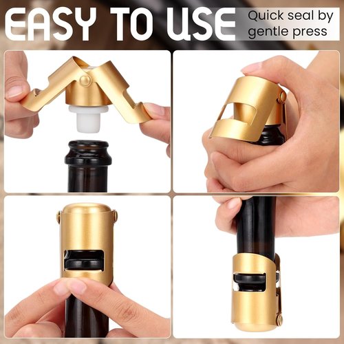 Champagne Stoppers Stainless Steel, Prosecco Sparkling Wine Bottle Stopper with Silicone Sealing Plug, Leak proof Keep Fresh Reusable Champagne Cork & Saver (Gold, 2 Pack)